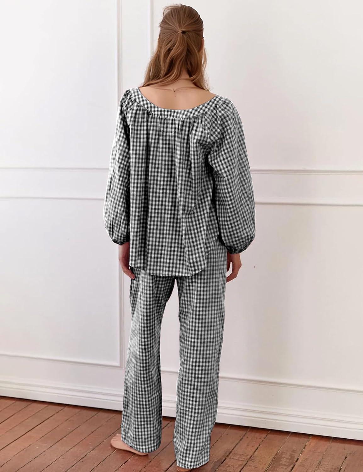 imageFlygo Womens Gingham Pajama Set 2 Piece Cotton Plaid Raglan Sleeve Button Top Straight Leg Pants Pjs Y2K Lounge Set SleepwearBlack