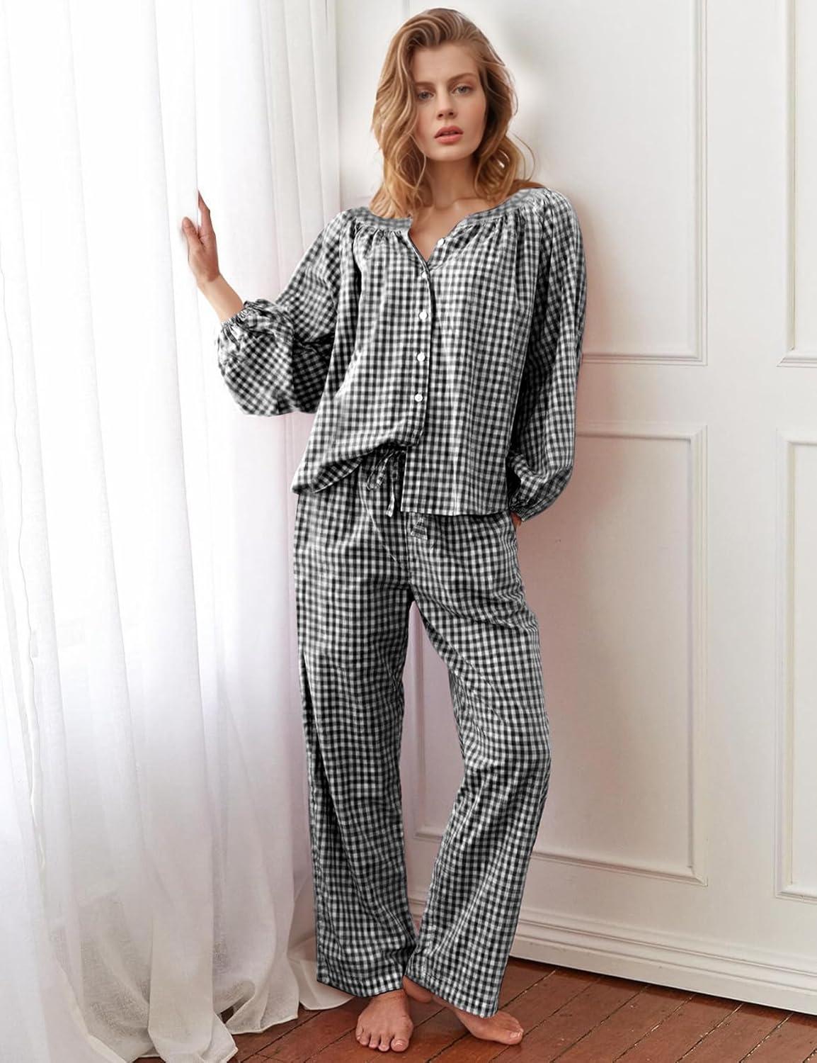 imageFlygo Womens Gingham Pajama Set 2 Piece Cotton Plaid Raglan Sleeve Button Top Straight Leg Pants Pjs Y2K Lounge Set SleepwearBlack