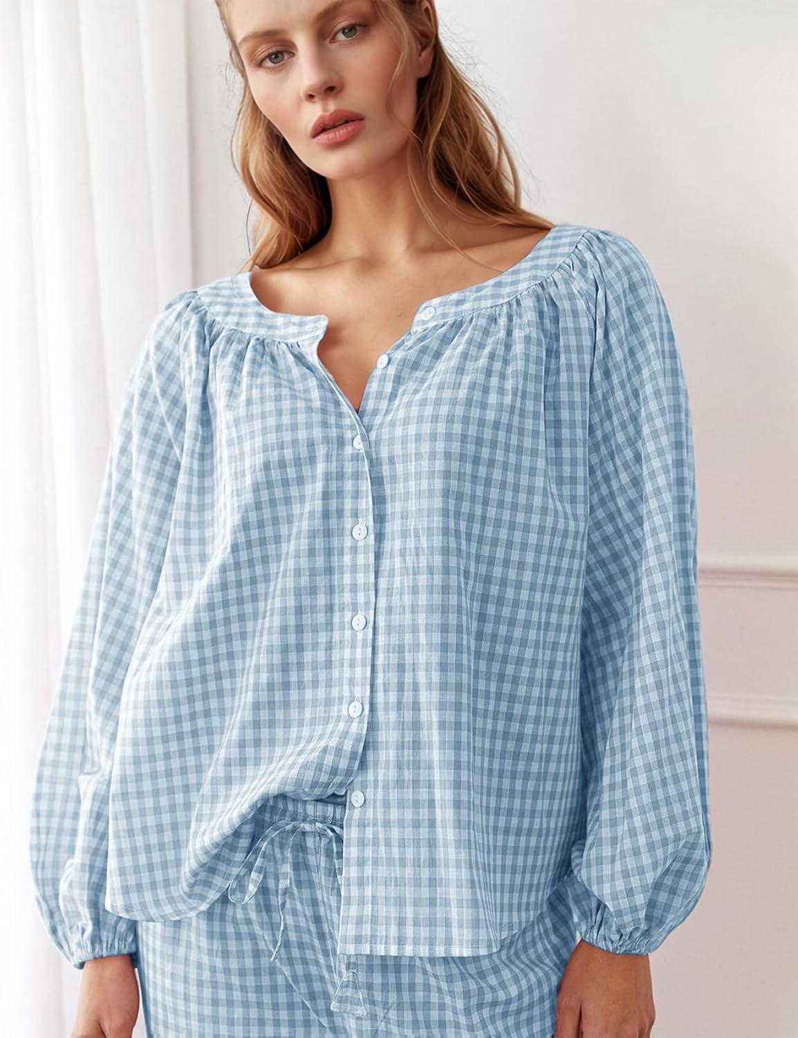 imageFlygo Womens Gingham Pajama Set 2 Piece Cotton Plaid Raglan Sleeve Button Top Straight Leg Pants Pjs Y2K Lounge Set SleepwearBlue