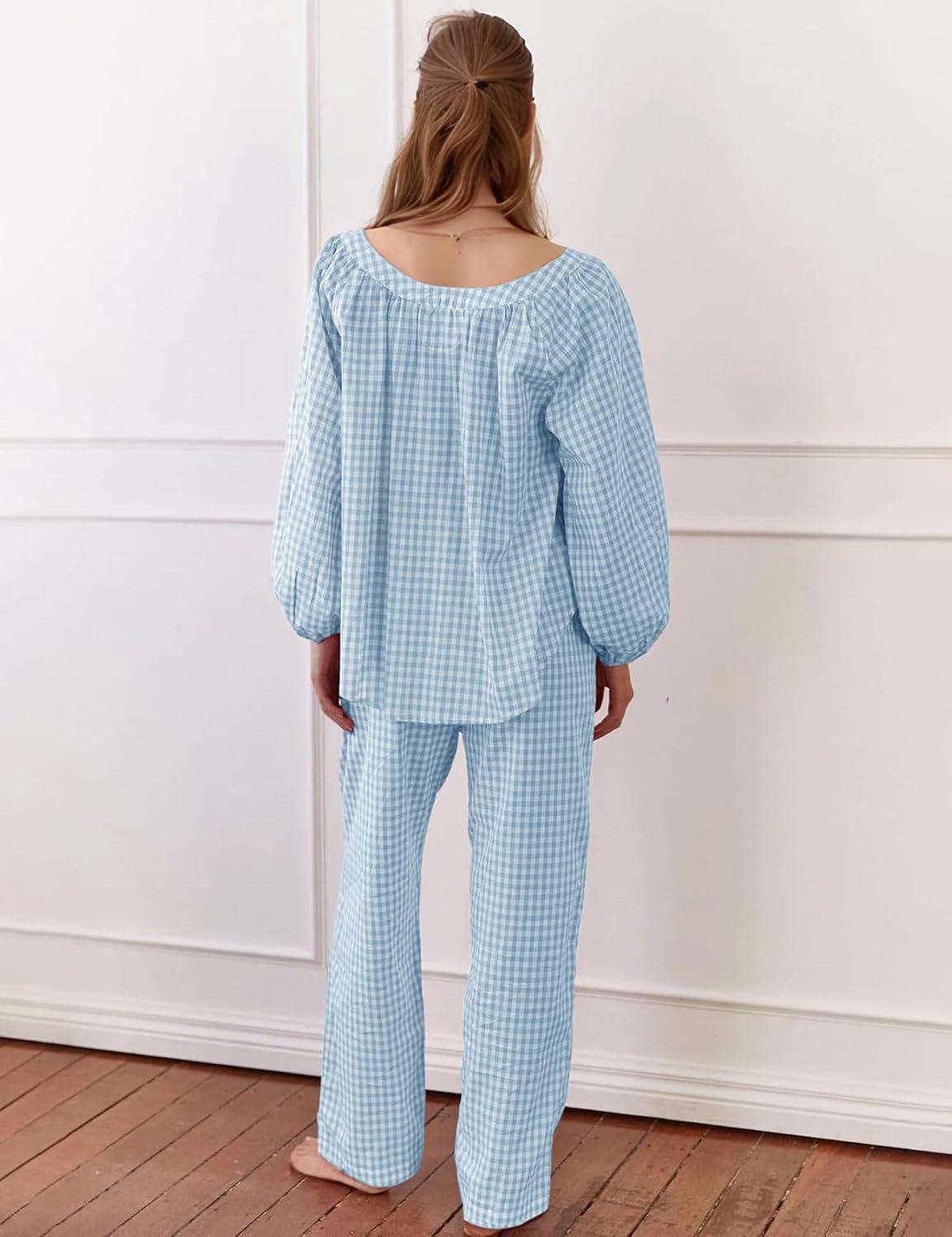 imageFlygo Womens Gingham Pajama Set 2 Piece Cotton Plaid Raglan Sleeve Button Top Straight Leg Pants Pjs Y2K Lounge Set SleepwearBlue