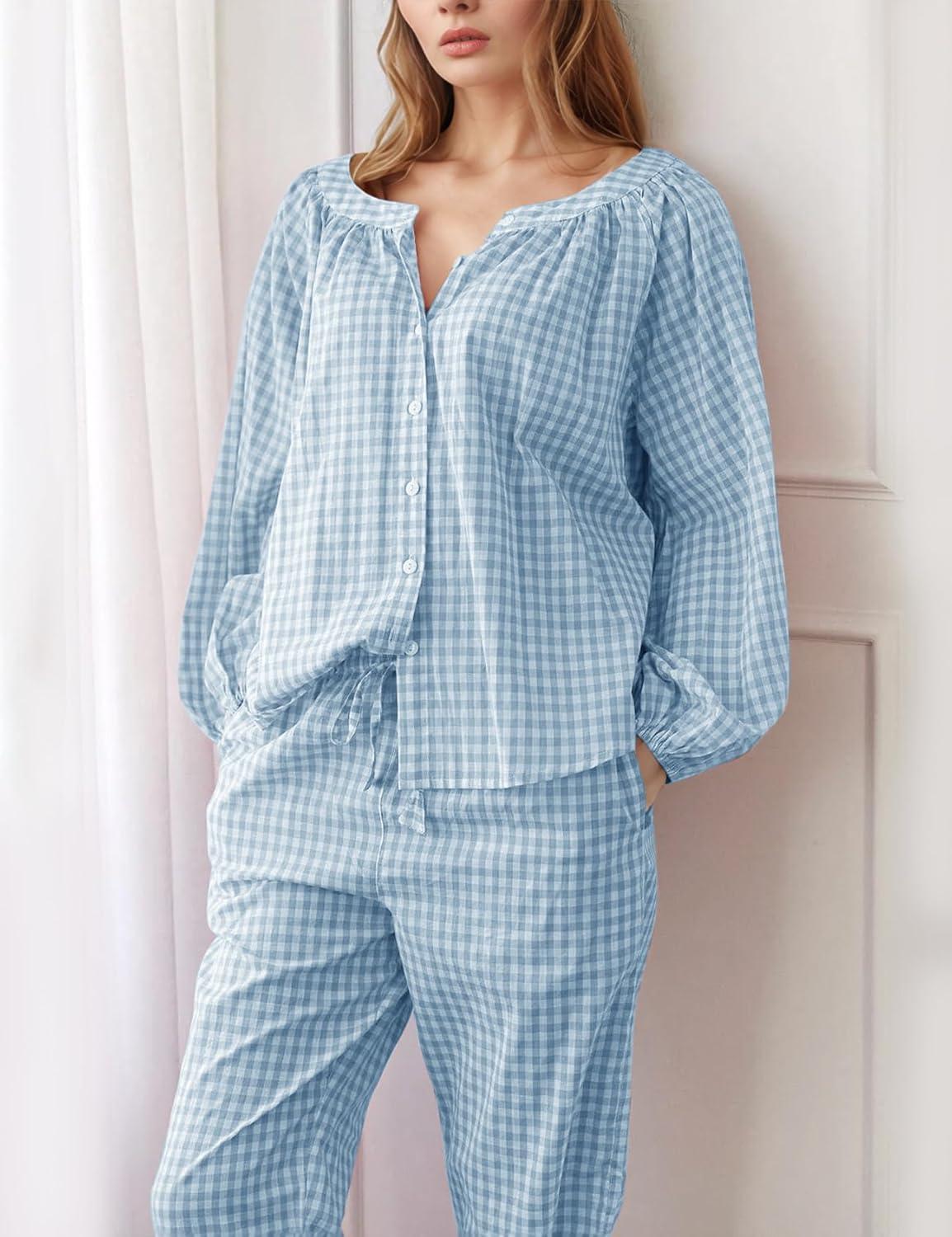 imageFlygo Womens Gingham Pajama Set 2 Piece Cotton Plaid Raglan Sleeve Button Top Straight Leg Pants Pjs Y2K Lounge Set SleepwearBlue