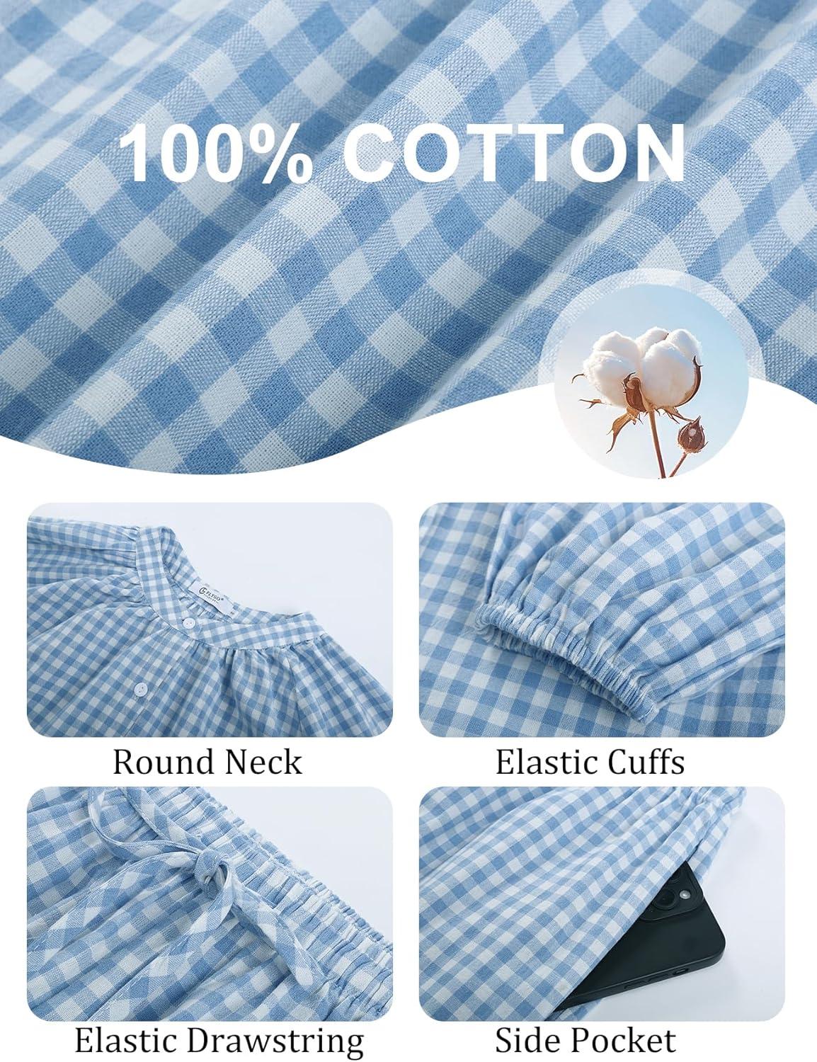 imageFlygo Womens Gingham Pajama Set 2 Piece Cotton Plaid Raglan Sleeve Button Top Straight Leg Pants Pjs Y2K Lounge Set SleepwearBlue