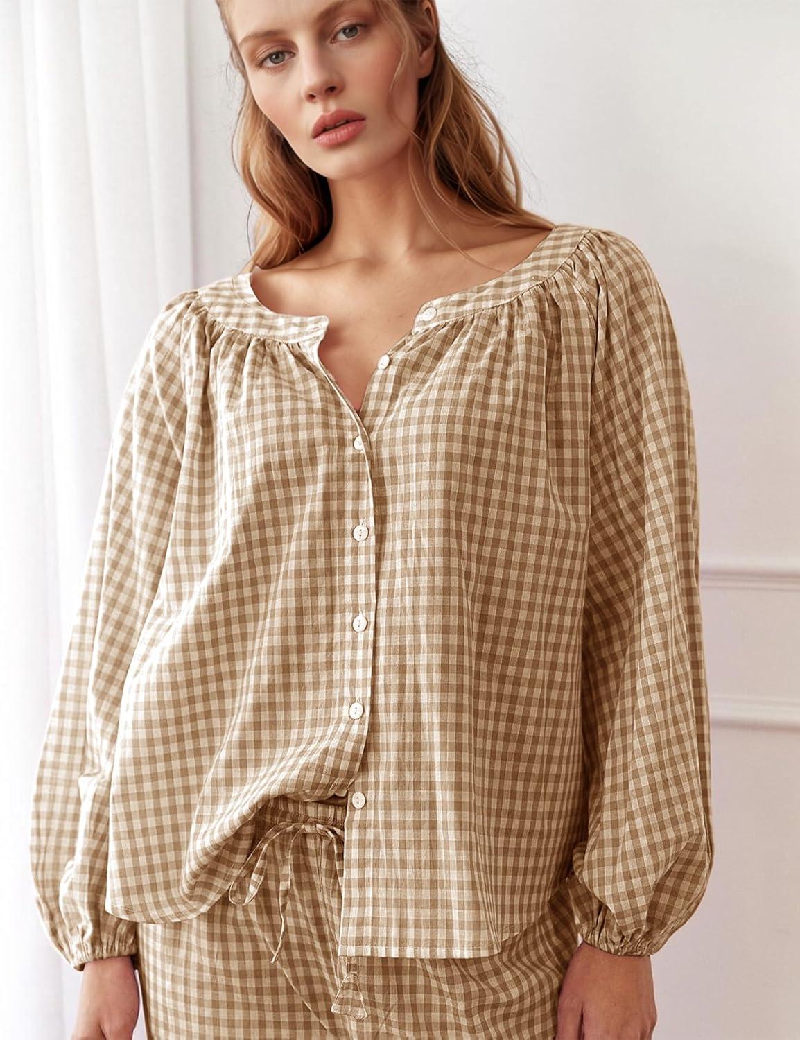 imageFlygo Womens Gingham Pajama Set 2 Piece Cotton Plaid Raglan Sleeve Button Top Straight Leg Pants Pjs Y2K Lounge Set SleepwearBrown