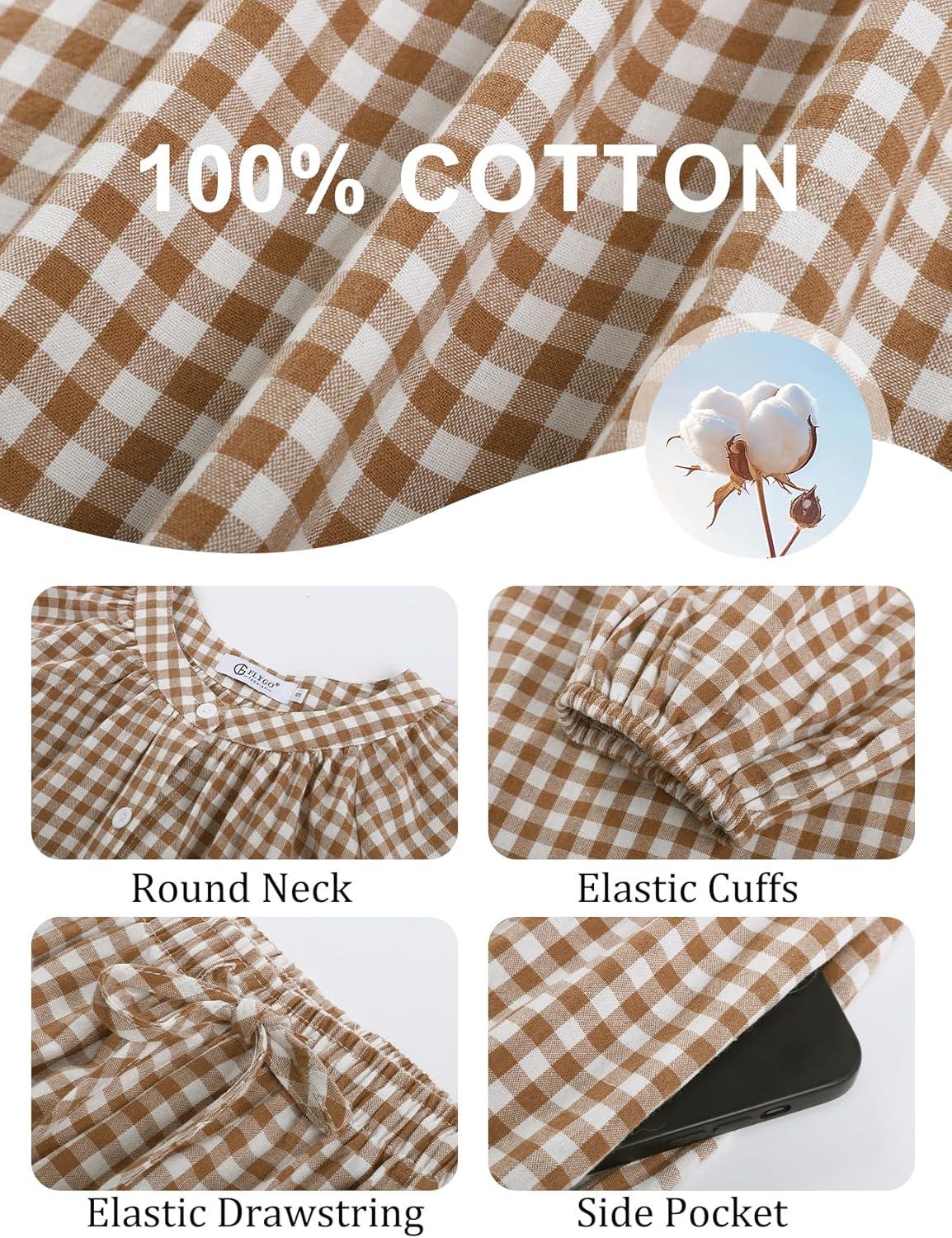 imageFlygo Womens Gingham Pajama Set 2 Piece Cotton Plaid Raglan Sleeve Button Top Straight Leg Pants Pjs Y2K Lounge Set SleepwearBrown