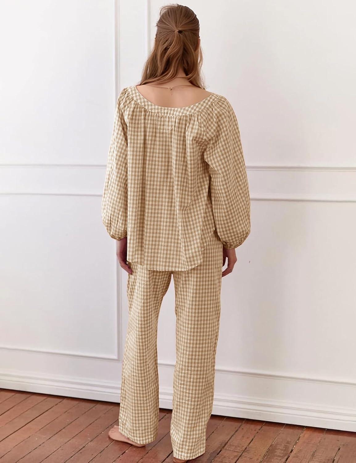 imageFlygo Womens Gingham Pajama Set 2 Piece Cotton Plaid Raglan Sleeve Button Top Straight Leg Pants Pjs Y2K Lounge Set SleepwearBrown