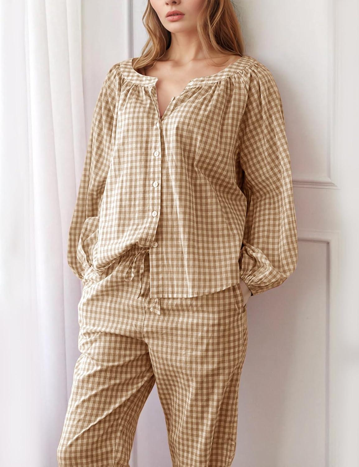 imageFlygo Womens Gingham Pajama Set 2 Piece Cotton Plaid Raglan Sleeve Button Top Straight Leg Pants Pjs Y2K Lounge Set SleepwearBrown