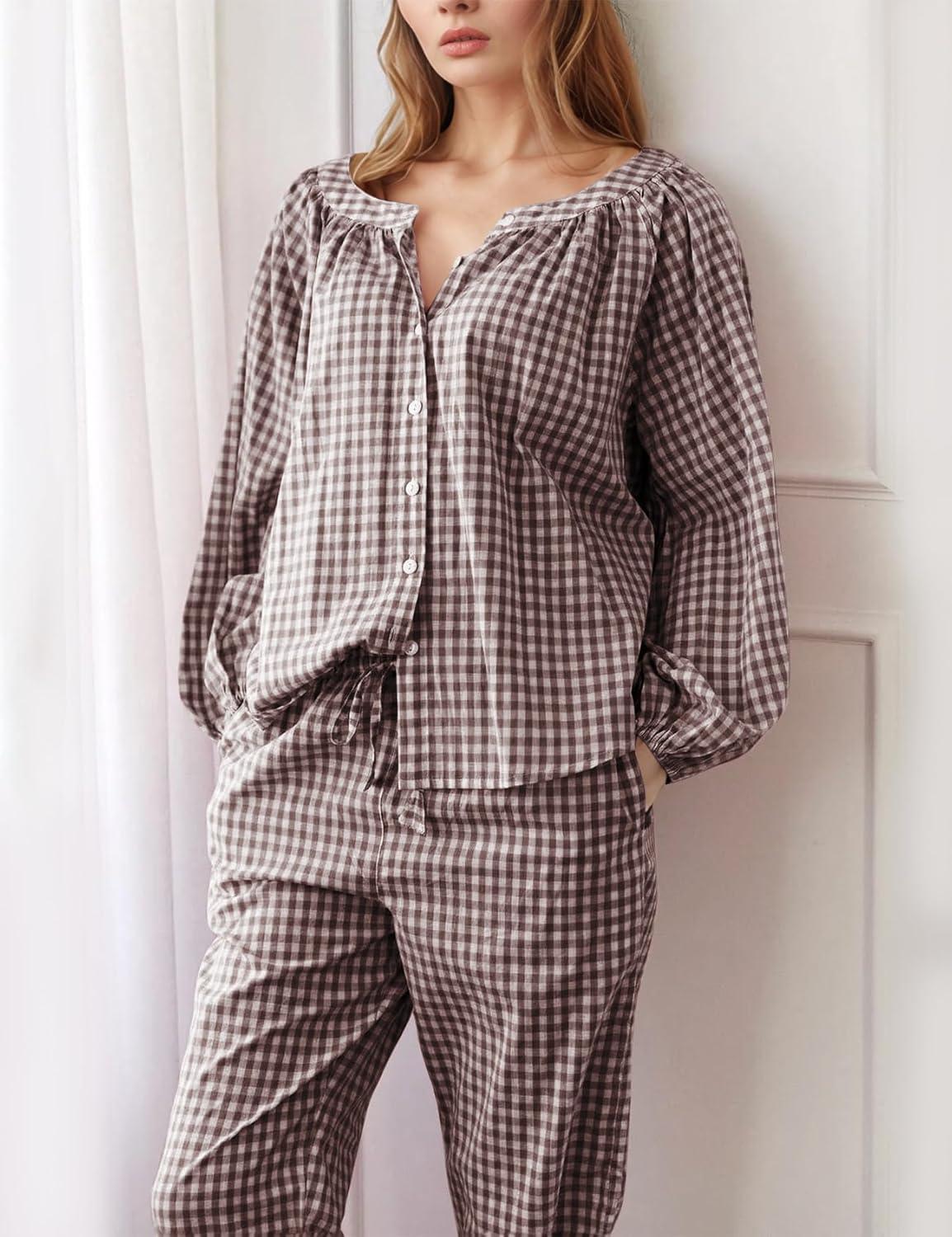imageFlygo Womens Gingham Pajama Set 2 Piece Cotton Plaid Raglan Sleeve Button Top Straight Leg Pants Pjs Y2K Lounge Set SleepwearCoffee