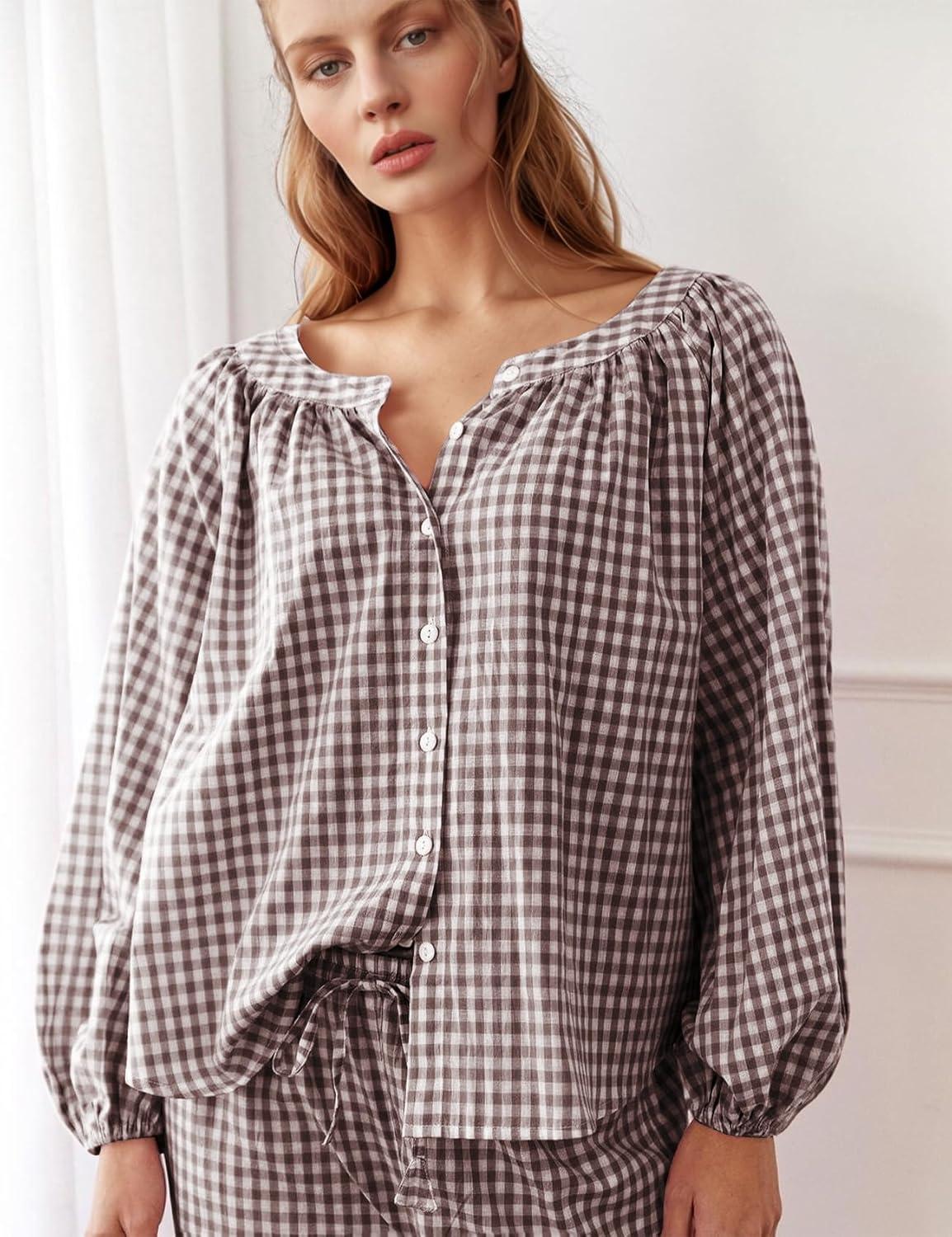 imageFlygo Womens Gingham Pajama Set 2 Piece Cotton Plaid Raglan Sleeve Button Top Straight Leg Pants Pjs Y2K Lounge Set SleepwearCoffee