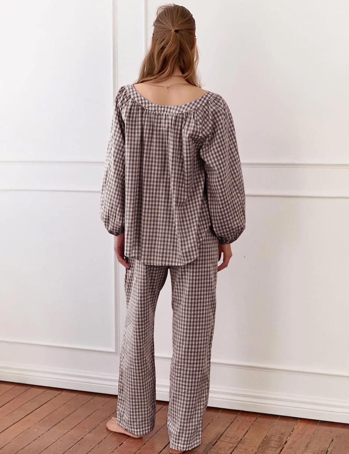 imageFlygo Womens Gingham Pajama Set 2 Piece Cotton Plaid Raglan Sleeve Button Top Straight Leg Pants Pjs Y2K Lounge Set SleepwearCoffee
