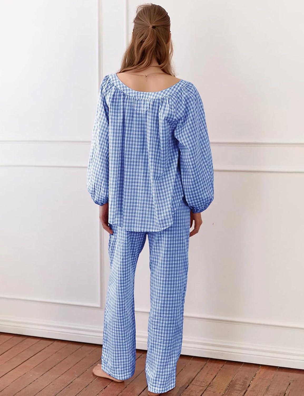 imageFlygo Womens Gingham Pajama Set 2 Piece Cotton Plaid Raglan Sleeve Button Top Straight Leg Pants Pjs Y2K Lounge Set SleepwearNavy