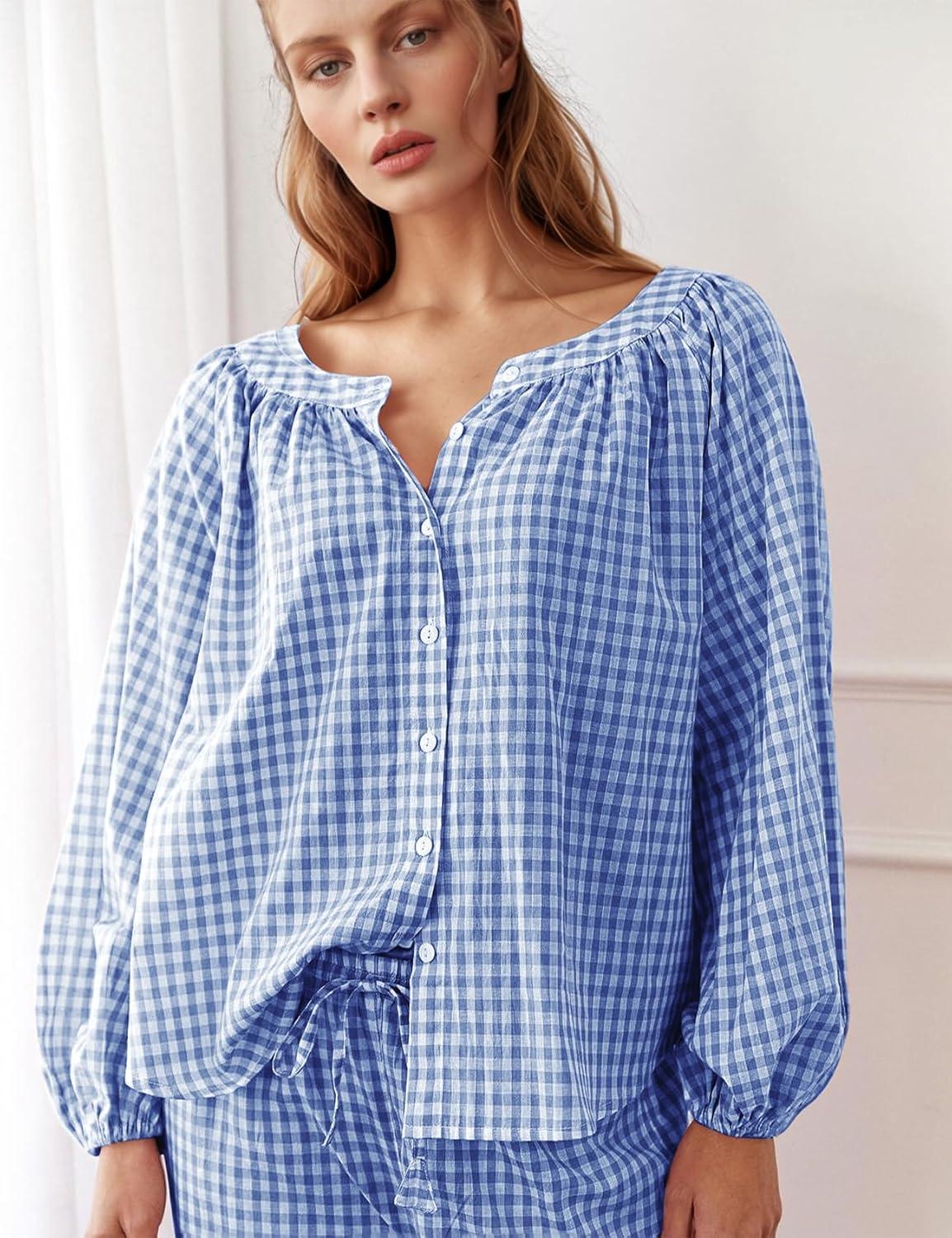 imageFlygo Womens Gingham Pajama Set 2 Piece Cotton Plaid Raglan Sleeve Button Top Straight Leg Pants Pjs Y2K Lounge Set SleepwearNavy