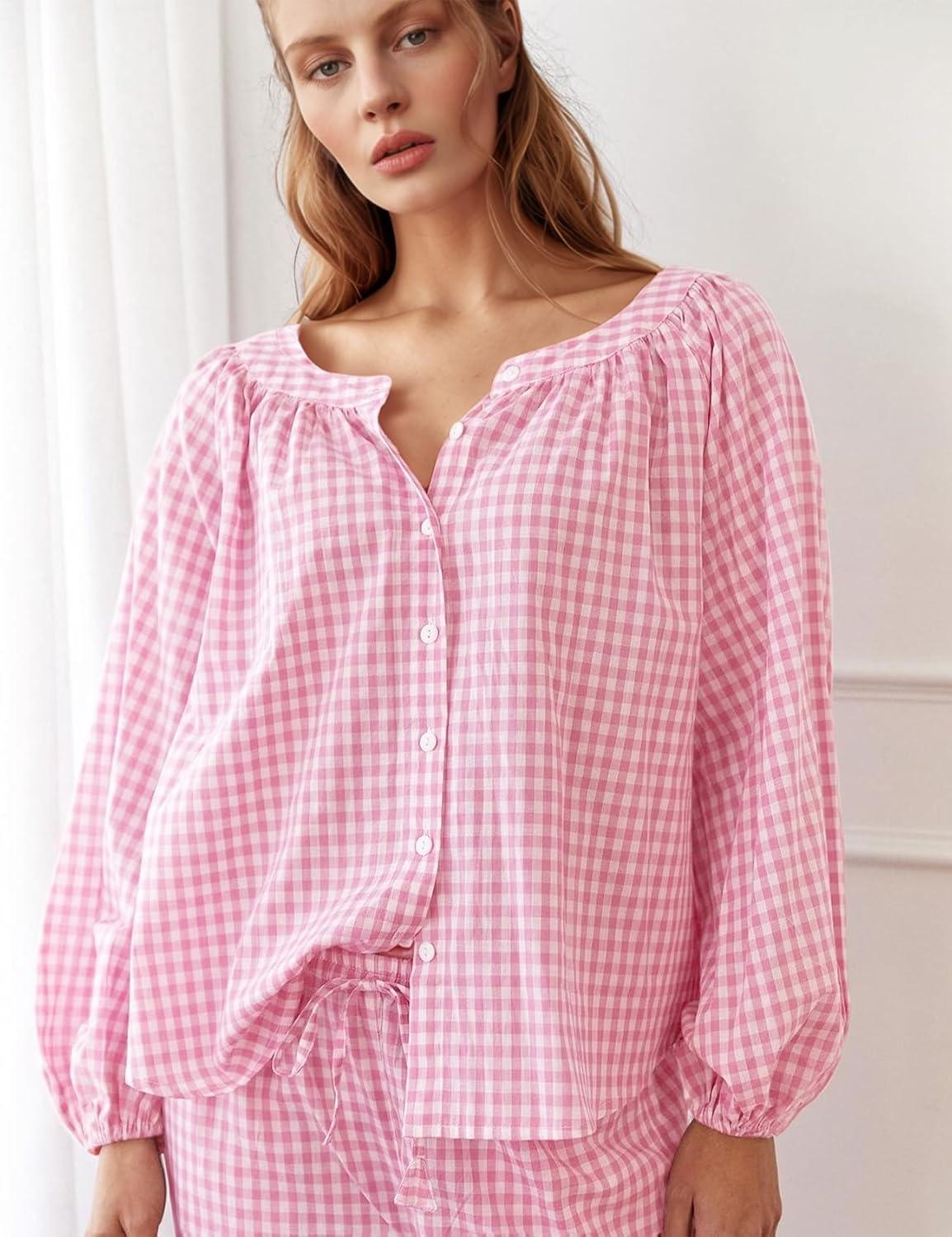 imageFlygo Womens Gingham Pajama Set 2 Piece Cotton Plaid Raglan Sleeve Button Top Straight Leg Pants Pjs Y2K Lounge Set SleepwearPink