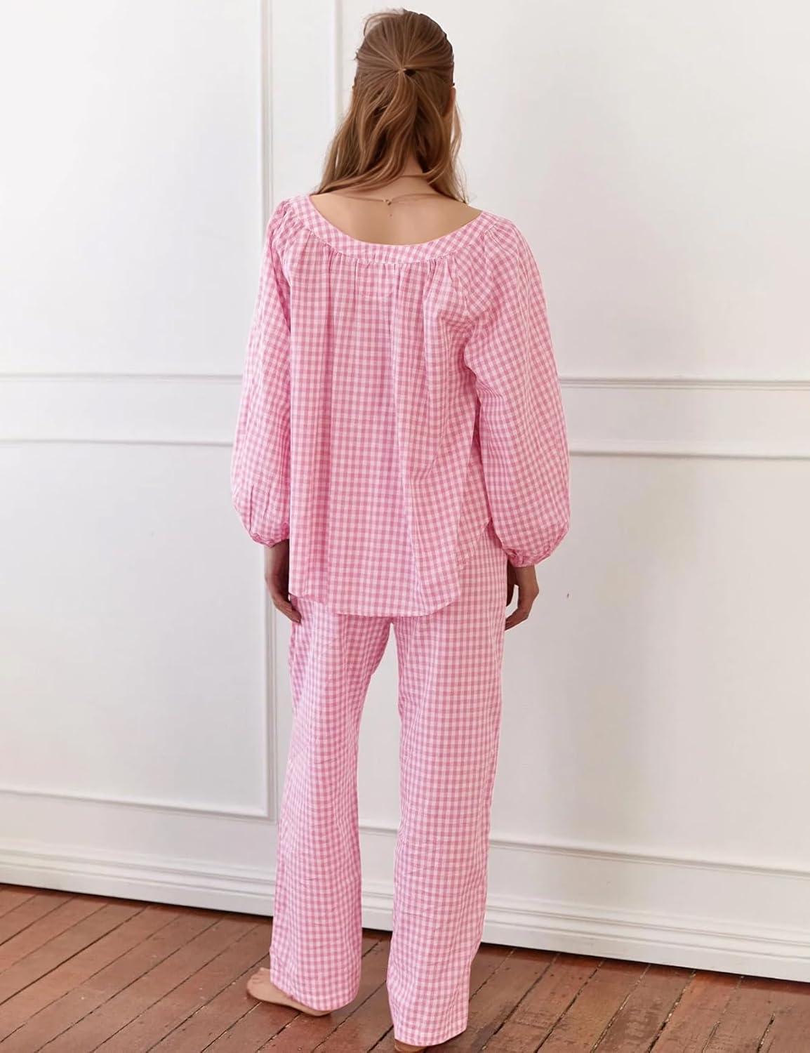 imageFlygo Womens Gingham Pajama Set 2 Piece Cotton Plaid Raglan Sleeve Button Top Straight Leg Pants Pjs Y2K Lounge Set SleepwearPink