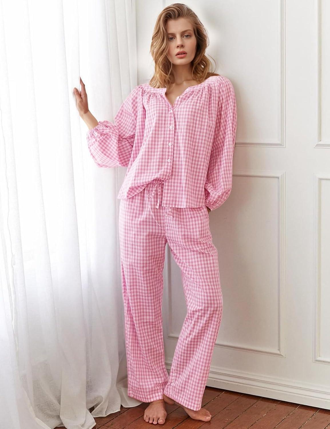imageFlygo Womens Gingham Pajama Set 2 Piece Cotton Plaid Raglan Sleeve Button Top Straight Leg Pants Pjs Y2K Lounge Set SleepwearPink