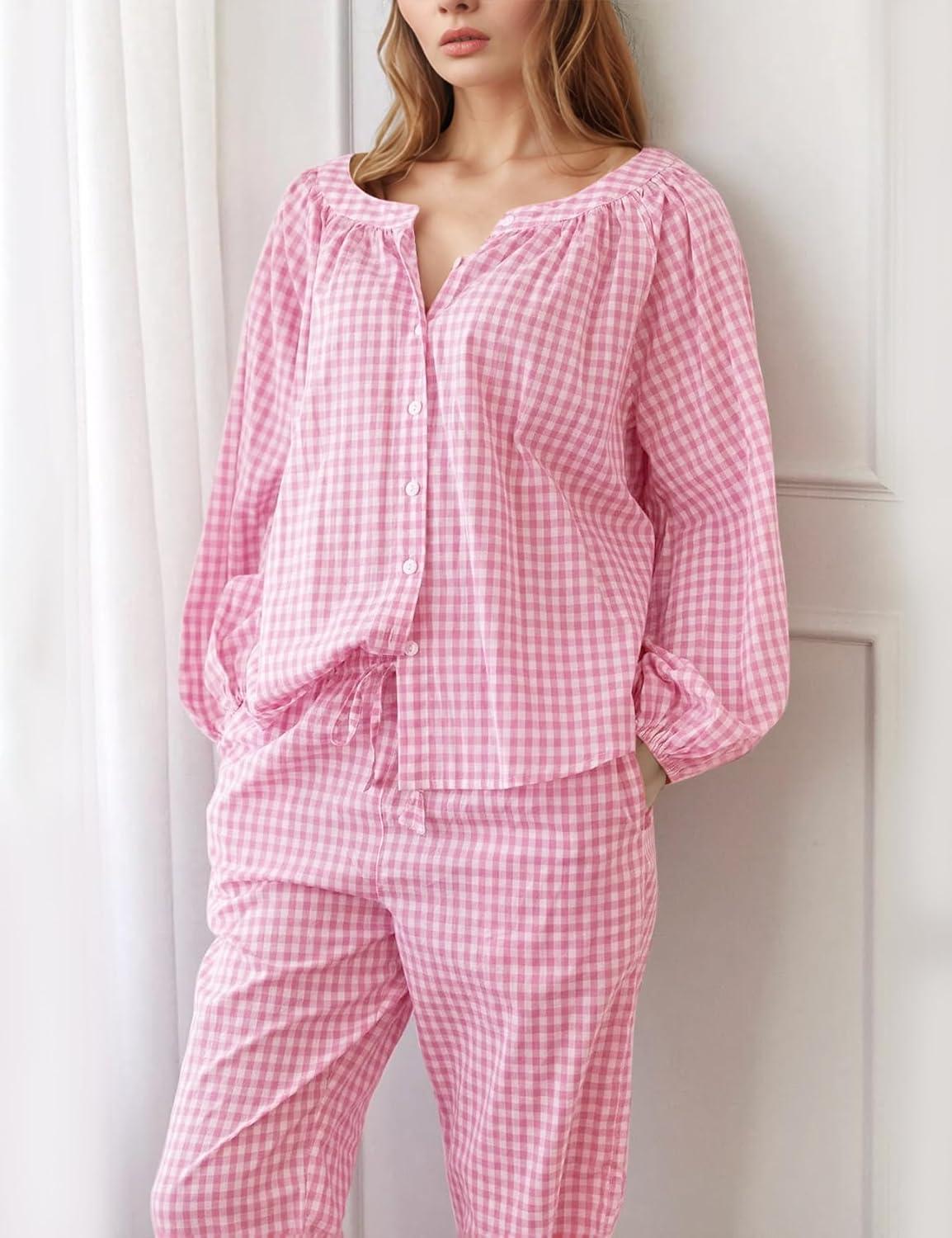 imageFlygo Womens Gingham Pajama Set 2 Piece Cotton Plaid Raglan Sleeve Button Top Straight Leg Pants Pjs Y2K Lounge Set SleepwearPink