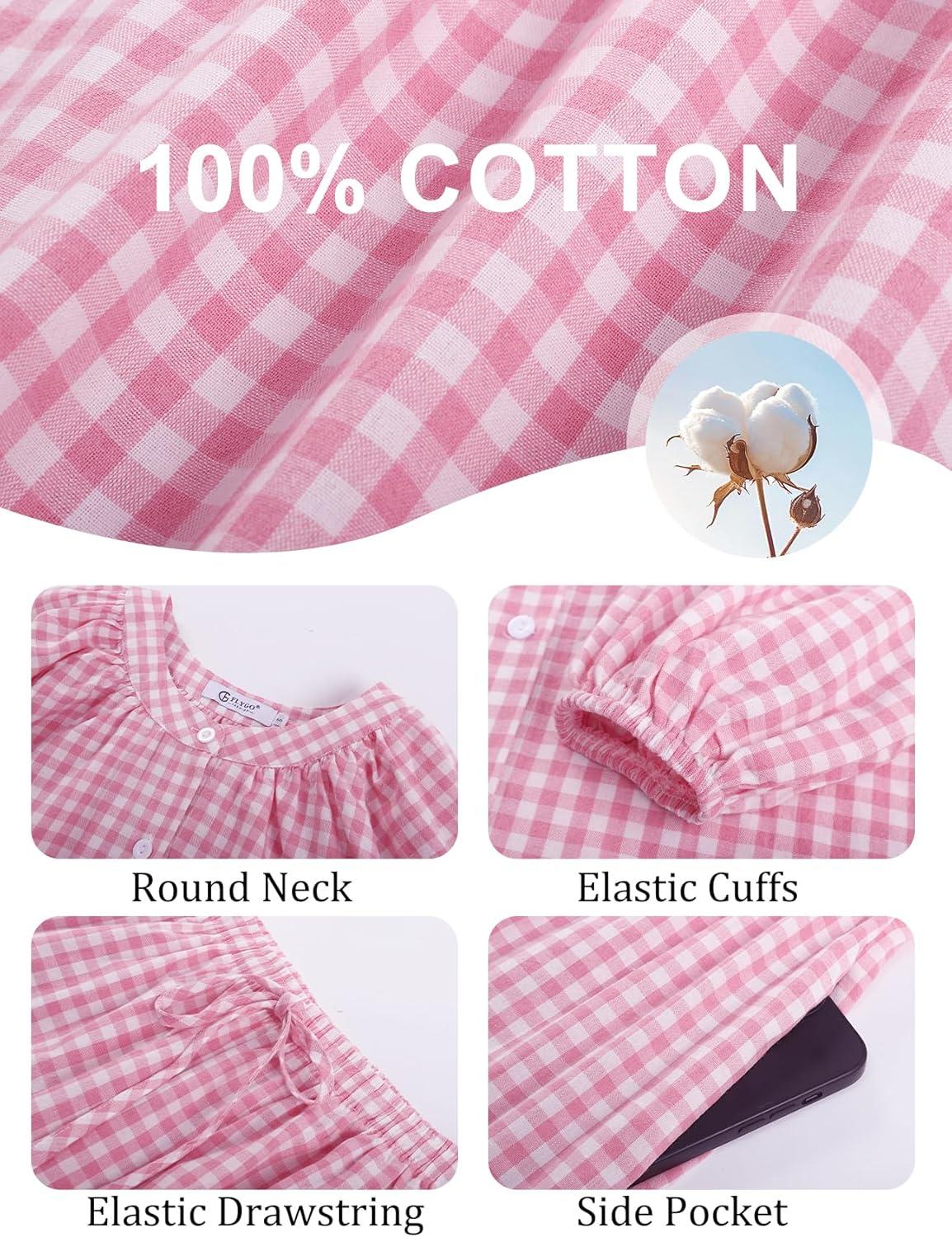 imageFlygo Womens Gingham Pajama Set 2 Piece Cotton Plaid Raglan Sleeve Button Top Straight Leg Pants Pjs Y2K Lounge Set SleepwearPink