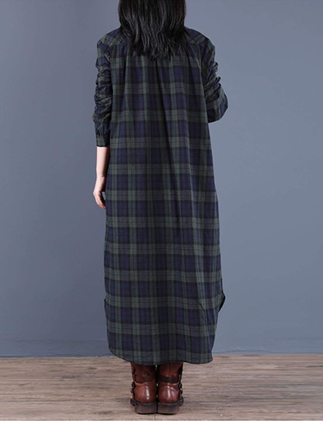 imageFlygo Womens Long Sleeve Button Plaid Long Shirt Loose Casual Midi Dress SleepwearGreen