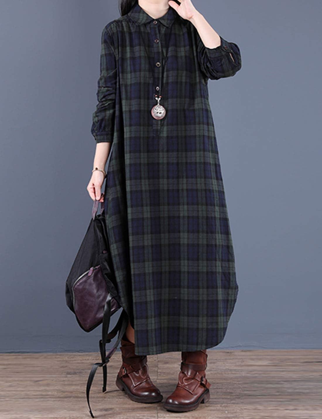 imageFlygo Womens Long Sleeve Button Plaid Long Shirt Loose Casual Midi Dress SleepwearGreen