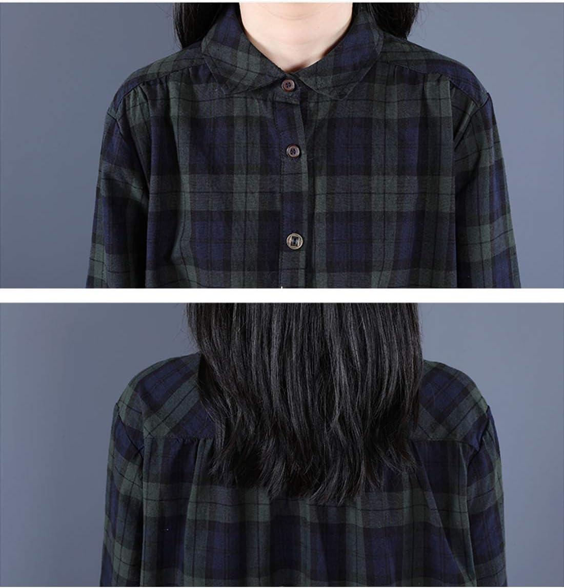imageFlygo Womens Long Sleeve Button Plaid Long Shirt Loose Casual Midi Dress SleepwearGreen