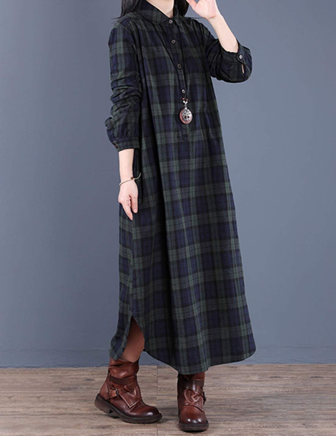 imageFlygo Womens Long Sleeve Button Plaid Long Shirt Loose Casual Midi Dress SleepwearGreen