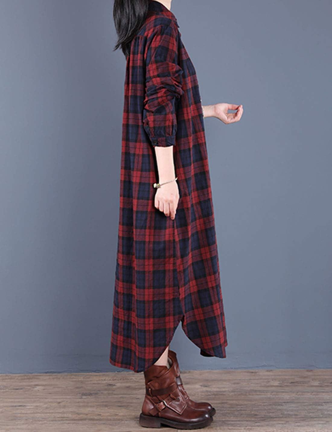 imageFlygo Womens Long Sleeve Button Plaid Long Shirt Loose Casual Midi Dress SleepwearRed