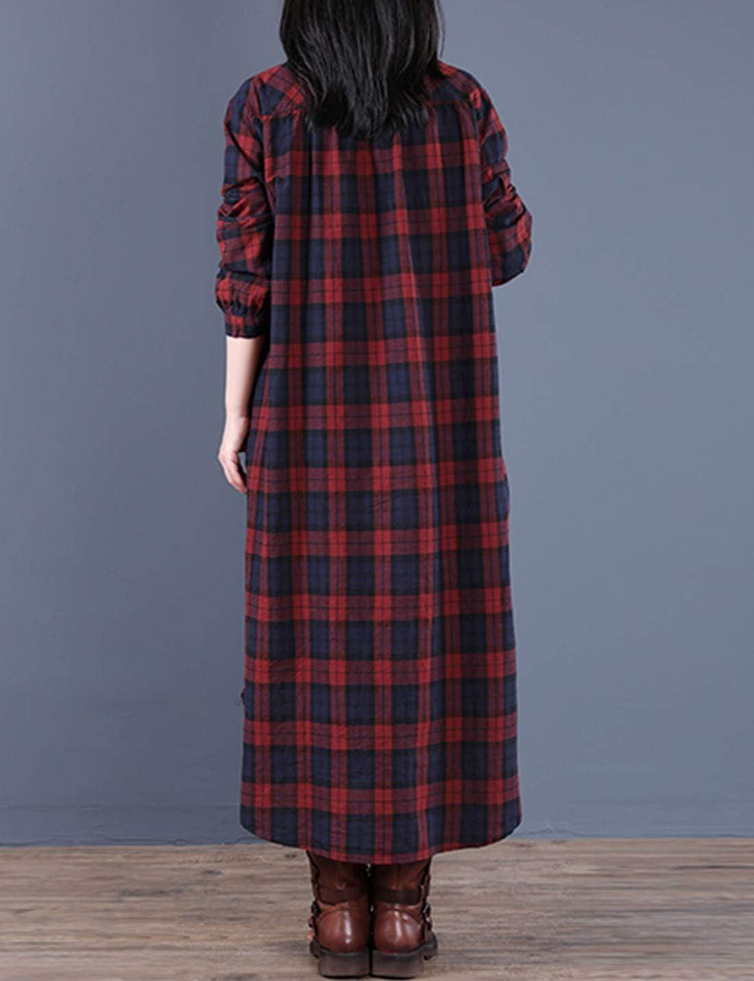 imageFlygo Womens Long Sleeve Button Plaid Long Shirt Loose Casual Midi Dress SleepwearRed