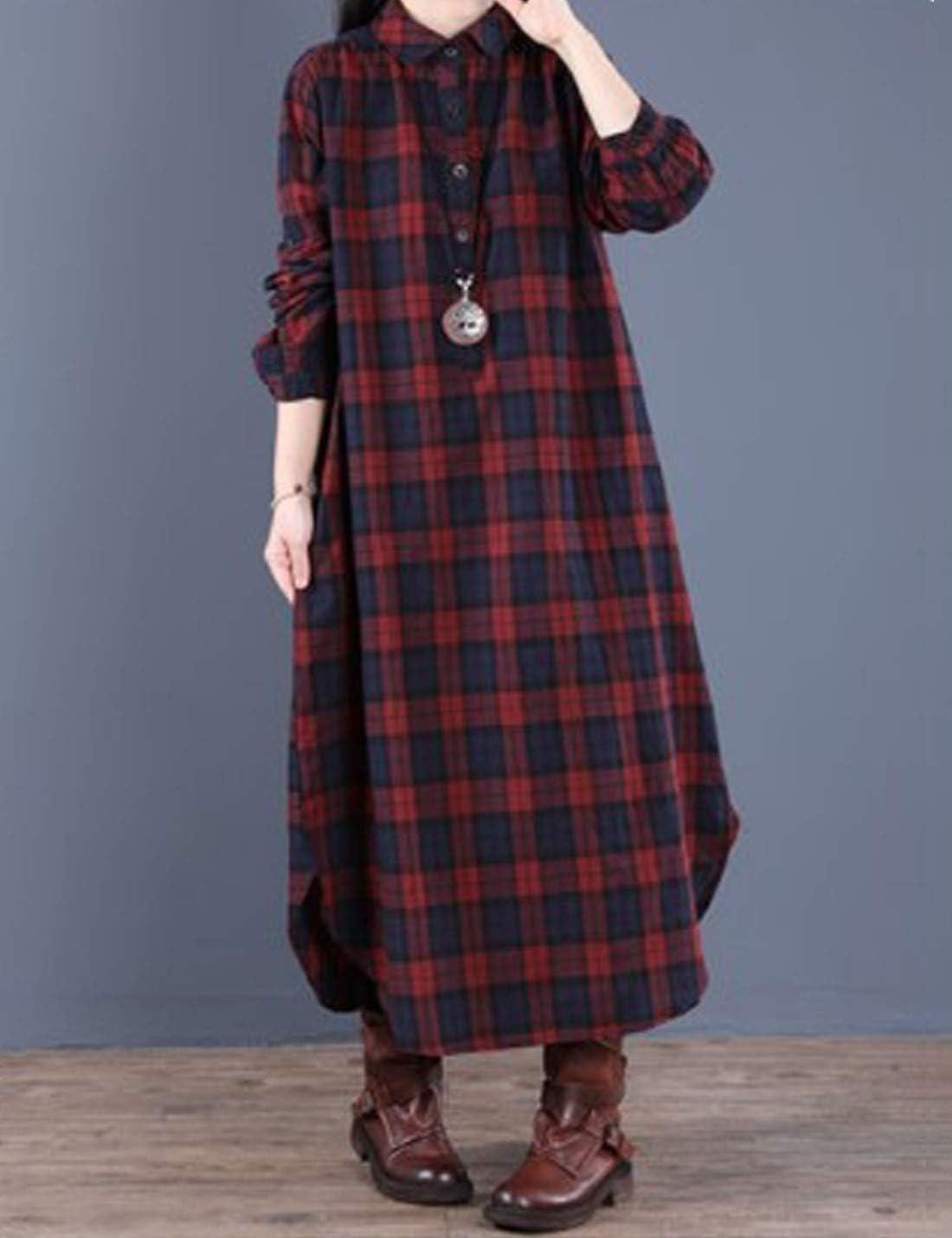 imageFlygo Womens Long Sleeve Button Plaid Long Shirt Loose Casual Midi Dress SleepwearRed