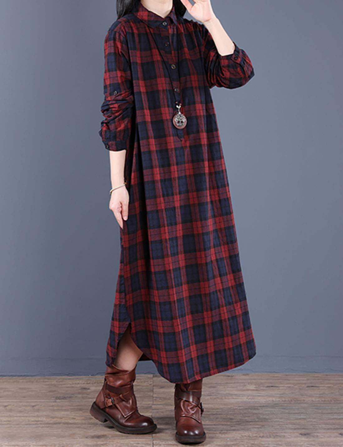 imageFlygo Womens Long Sleeve Button Plaid Long Shirt Loose Casual Midi Dress SleepwearRed