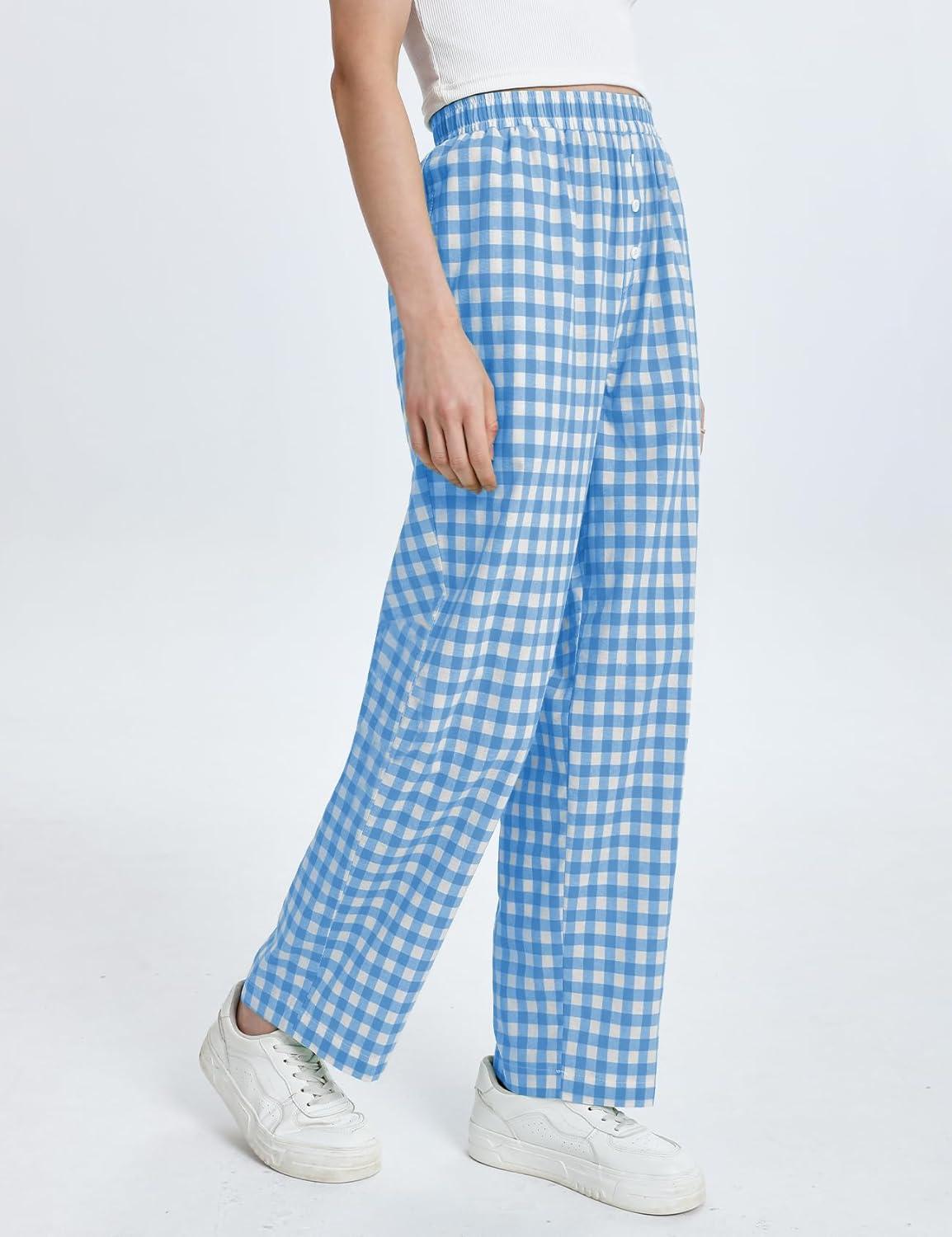 imageFlygo Womens Pajama Pants Wide Leg Gingham Lounge Pants Plaid Cotton Pajama Bottoms with PocketsBlueL