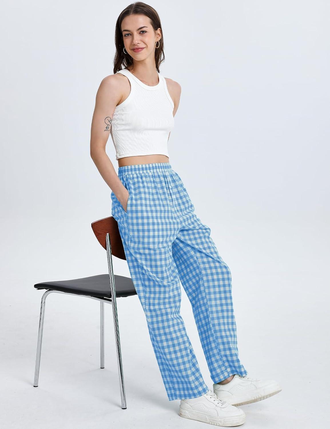imageFlygo Womens Pajama Pants Wide Leg Gingham Lounge Pants Plaid Cotton Pajama Bottoms with PocketsBlueL