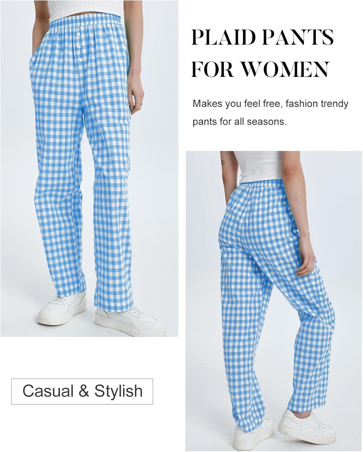 imageFlygo Womens Pajama Pants Wide Leg Gingham Lounge Pants Plaid Cotton Pajama Bottoms with PocketsBlueL