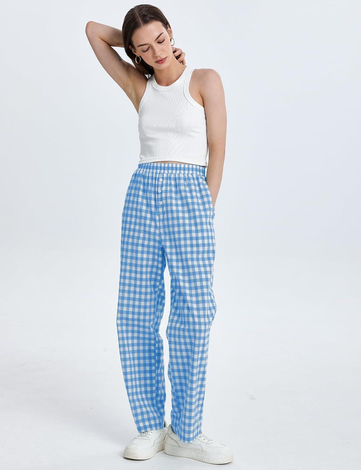 imageFlygo Womens Pajama Pants Wide Leg Gingham Lounge Pants Plaid Cotton Pajama Bottoms with PocketsBlueL