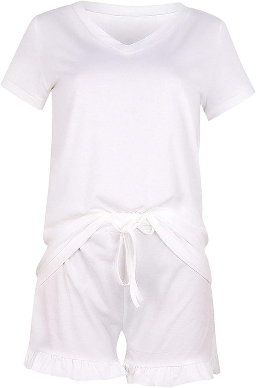 imageFlygo Womens Shorts Pajama Set Short Sleeve 2 Pieces Pajamas Sleepwear Nightwear PjsWhite