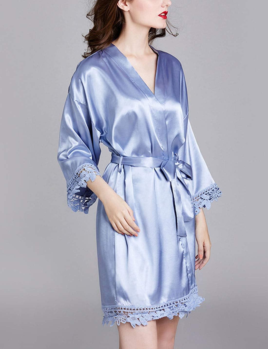 imageFlygo Womens Simulation Silk Stain Lace Bathrobes Kimono Robe Bridesmaid Robes Pajamas Sleepwear NightwearGray
