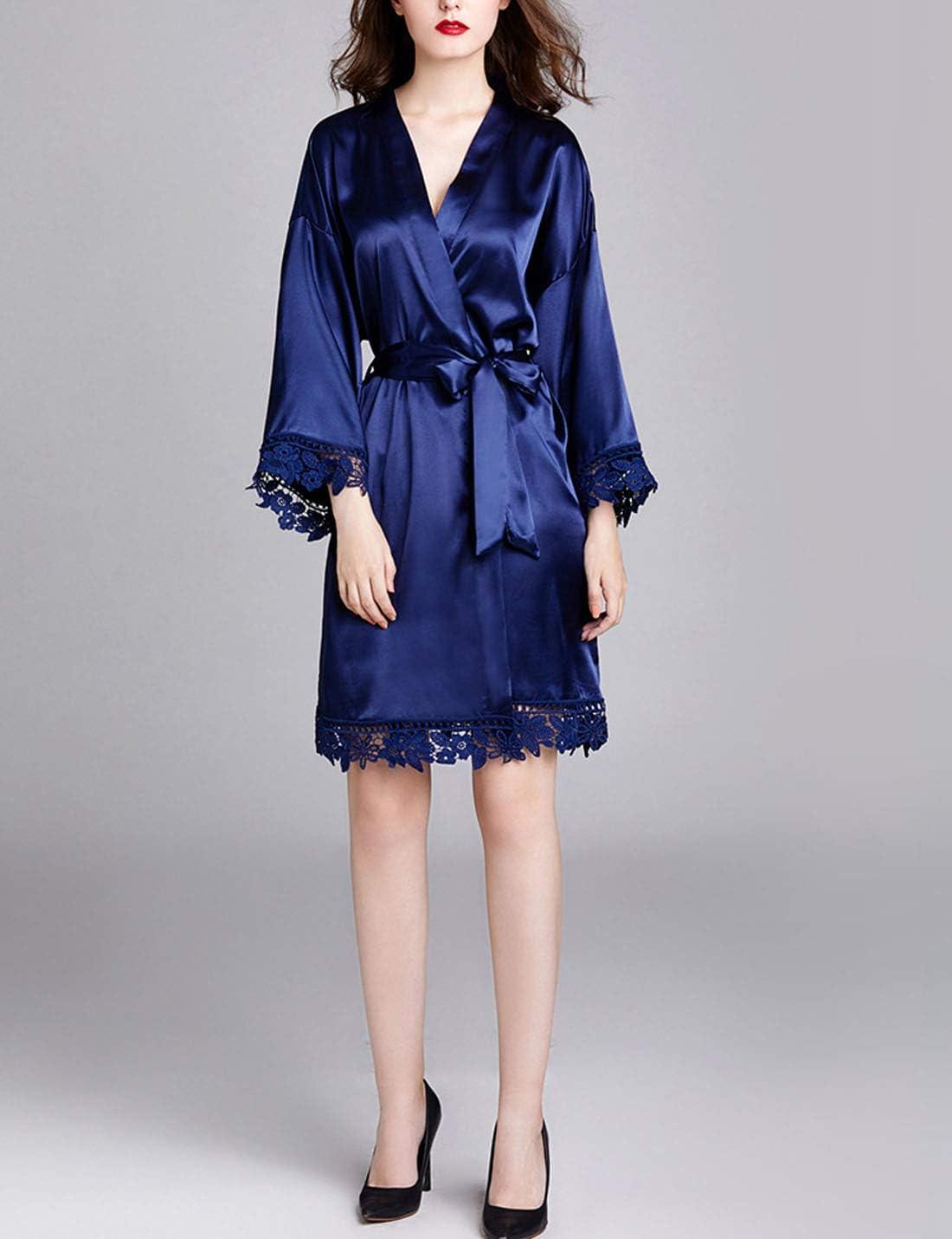 imageFlygo Womens Simulation Silk Stain Lace Bathrobes Kimono Robe Bridesmaid Robes Pajamas Sleepwear NightwearNavy
