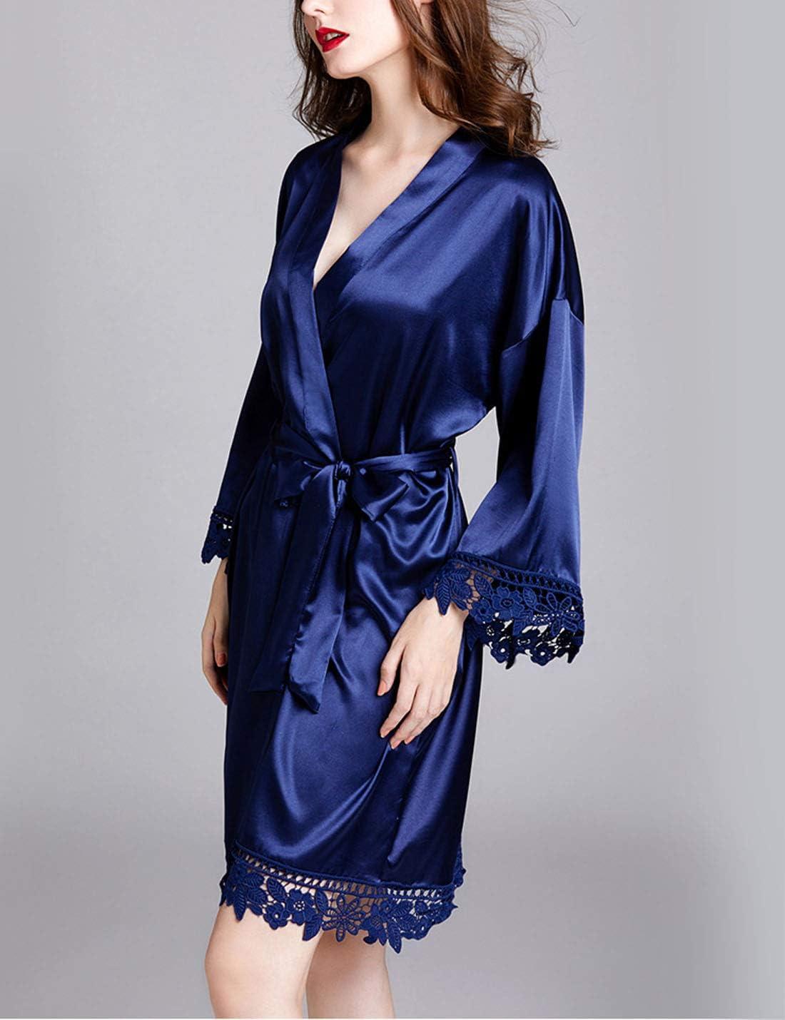imageFlygo Womens Simulation Silk Stain Lace Bathrobes Kimono Robe Bridesmaid Robes Pajamas Sleepwear NightwearNavy