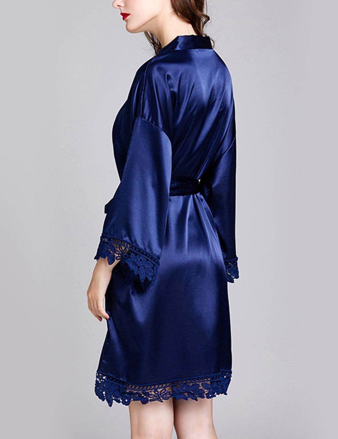 imageFlygo Womens Simulation Silk Stain Lace Bathrobes Kimono Robe Bridesmaid Robes Pajamas Sleepwear NightwearNavy