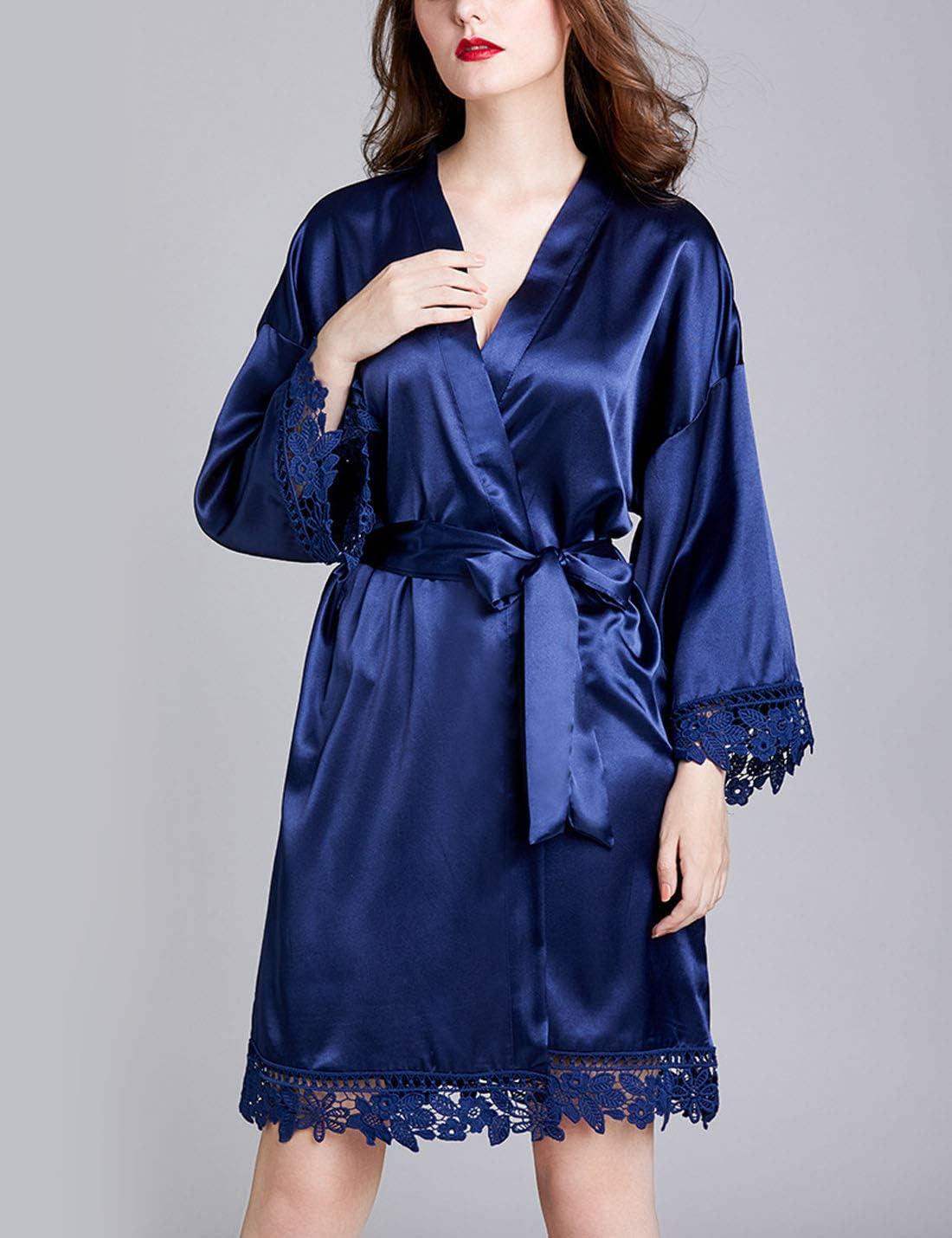 imageFlygo Womens Simulation Silk Stain Lace Bathrobes Kimono Robe Bridesmaid Robes Pajamas Sleepwear NightwearNavy