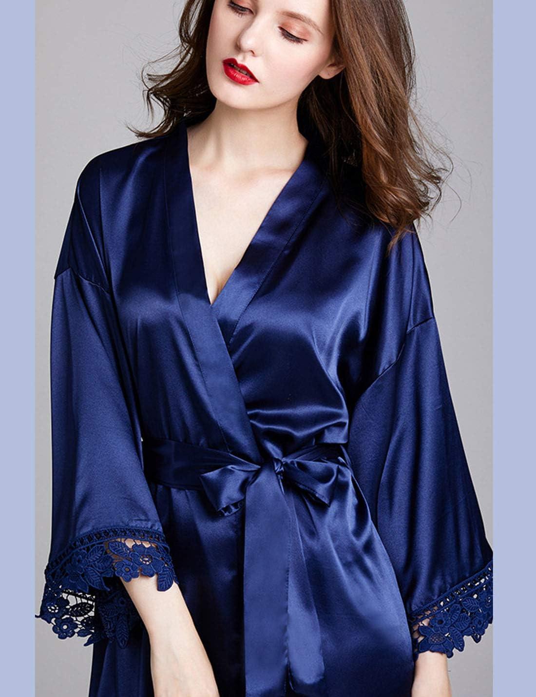 imageFlygo Womens Simulation Silk Stain Lace Bathrobes Kimono Robe Bridesmaid Robes Pajamas Sleepwear NightwearNavy
