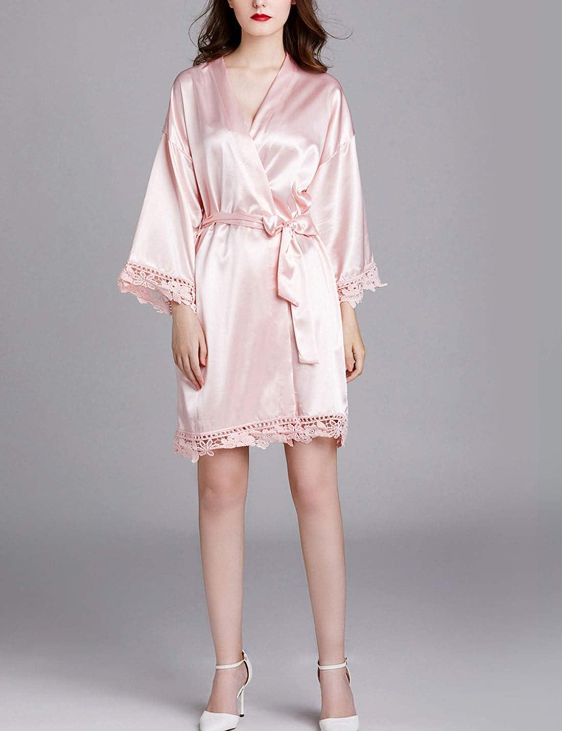 imageFlygo Womens Simulation Silk Stain Lace Bathrobes Kimono Robe Bridesmaid Robes Pajamas Sleepwear NightwearPink
