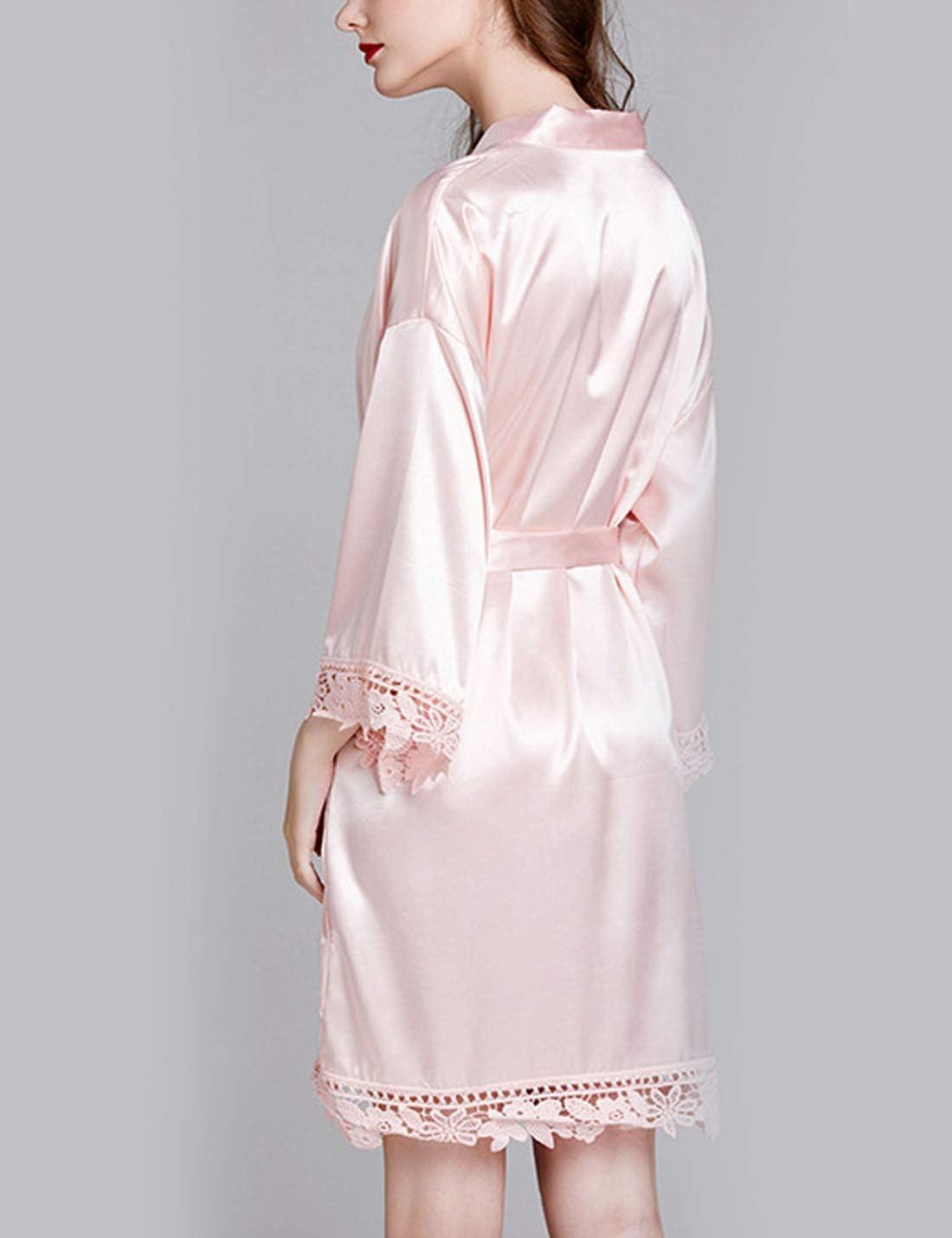 imageFlygo Womens Simulation Silk Stain Lace Bathrobes Kimono Robe Bridesmaid Robes Pajamas Sleepwear NightwearPink