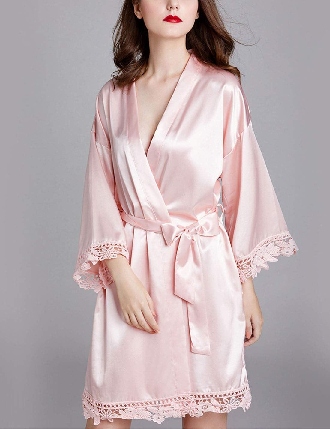 imageFlygo Womens Simulation Silk Stain Lace Bathrobes Kimono Robe Bridesmaid Robes Pajamas Sleepwear NightwearPink