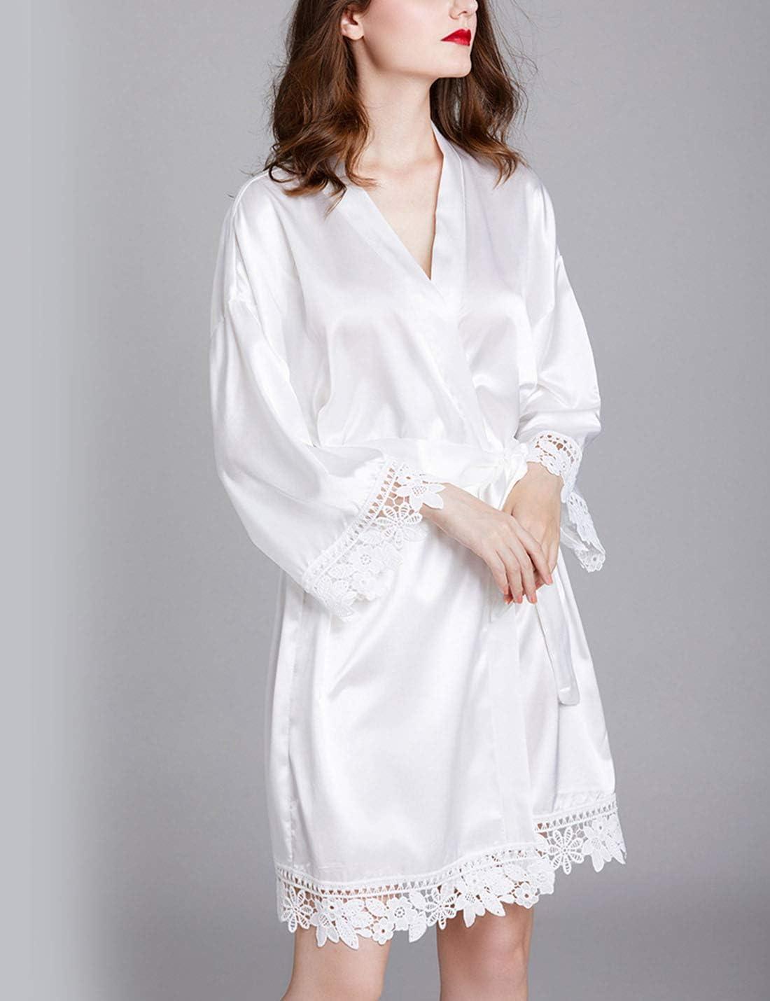 imageFlygo Womens Simulation Silk Stain Lace Bathrobes Kimono Robe Bridesmaid Robes Pajamas Sleepwear NightwearWhite