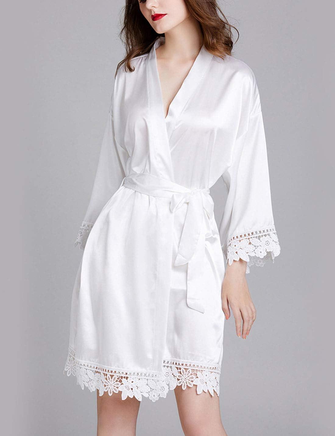 imageFlygo Womens Simulation Silk Stain Lace Bathrobes Kimono Robe Bridesmaid Robes Pajamas Sleepwear NightwearWhite