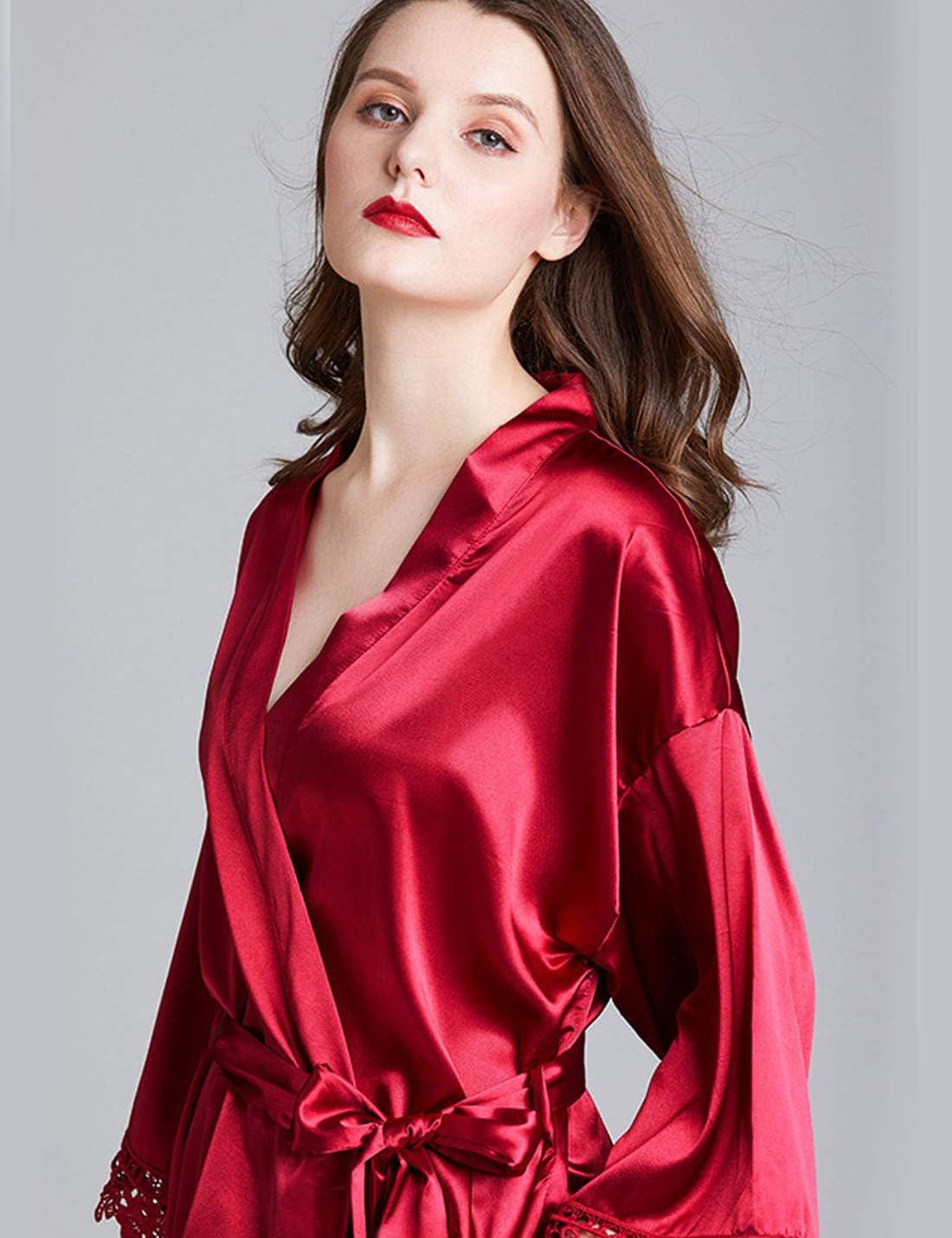 imageFlygo Womens Simulation Silk Stain Lace Bathrobes Kimono Robe Bridesmaid Robes Pajamas Sleepwear NightwearWine Red