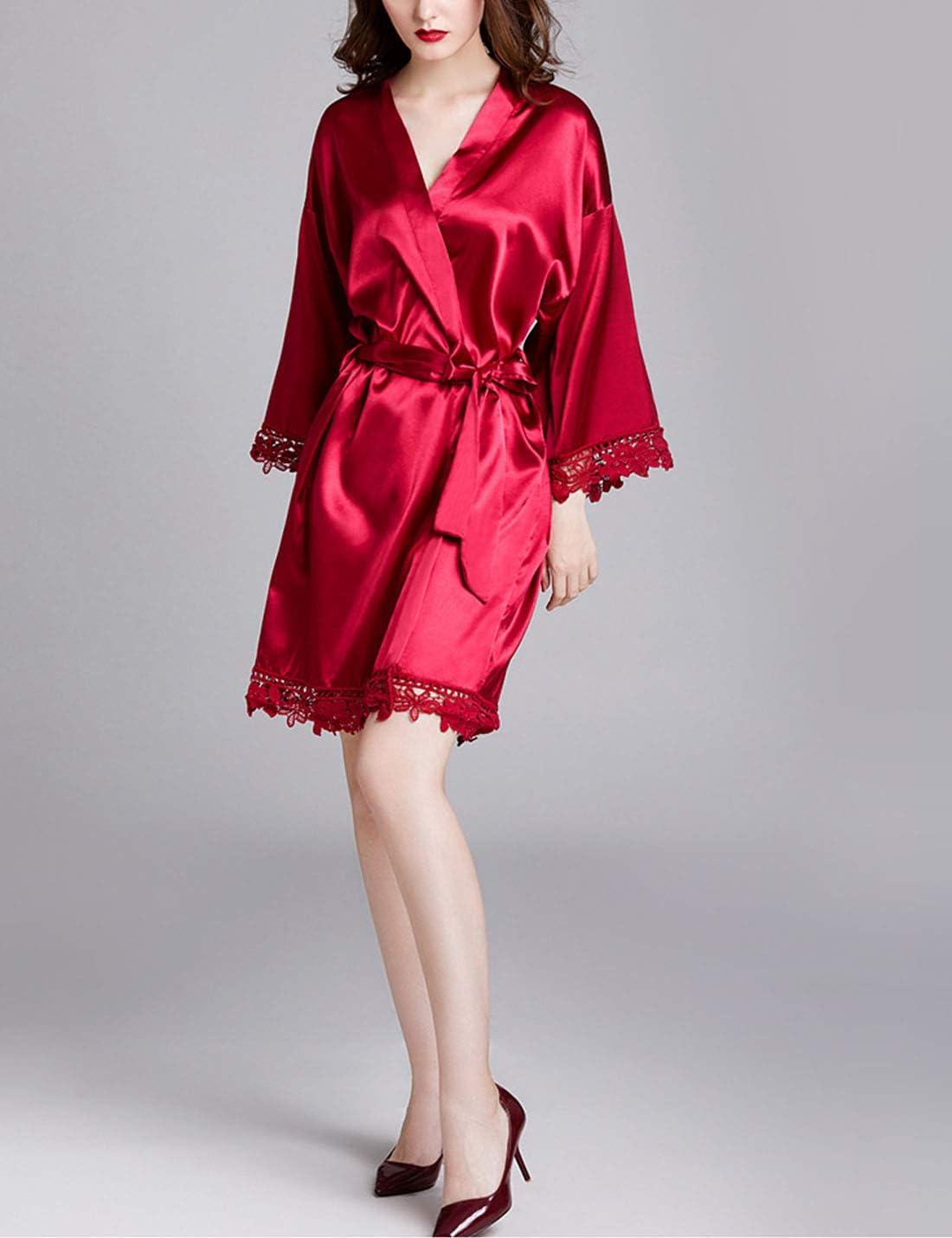 imageFlygo Womens Simulation Silk Stain Lace Bathrobes Kimono Robe Bridesmaid Robes Pajamas Sleepwear NightwearWine Red