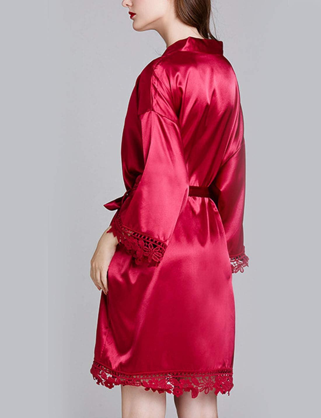 imageFlygo Womens Simulation Silk Stain Lace Bathrobes Kimono Robe Bridesmaid Robes Pajamas Sleepwear NightwearWine Red