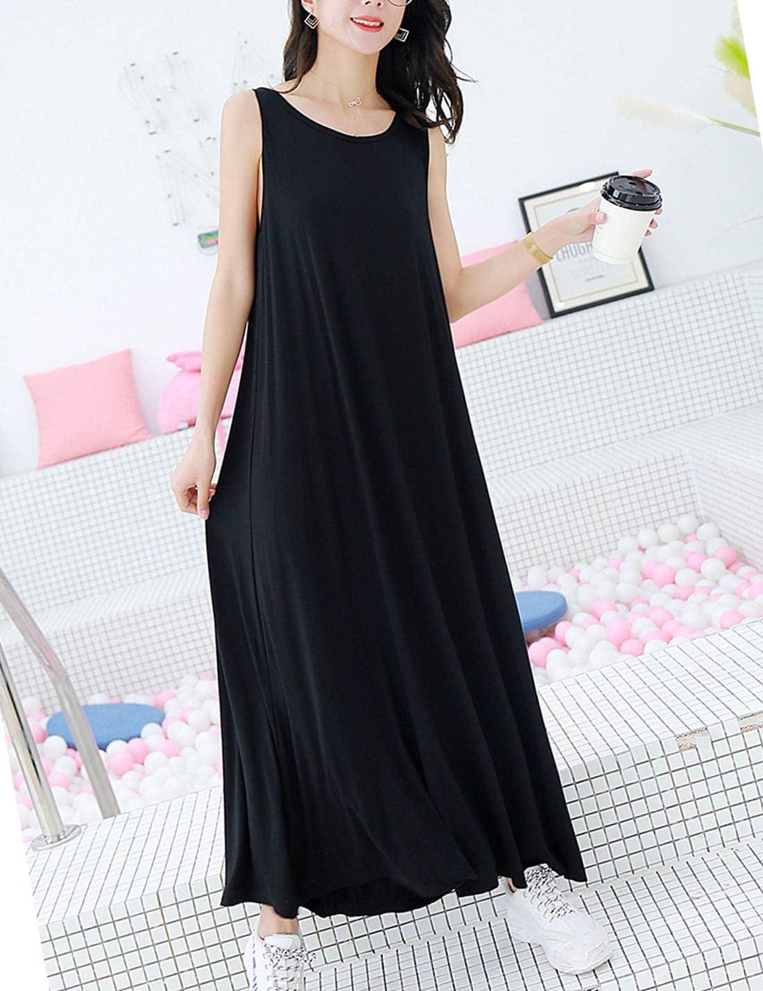 imageFlygo Womens Sleeveless Long Nightgown Summer Full Slips Sleep Dress Soft Sleepshirts Chemise Sleepwear Lounge DressesBlack