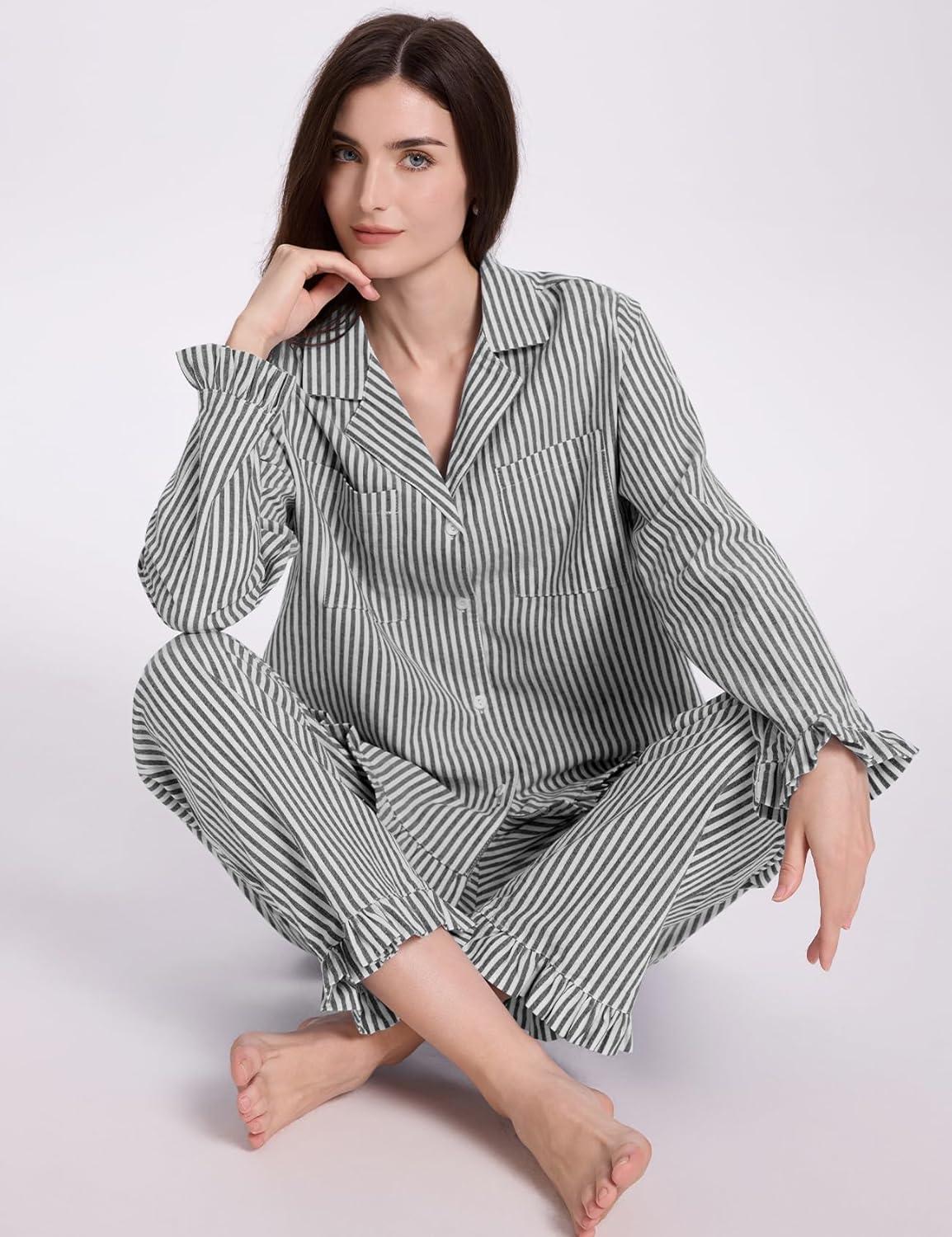 imageFlygo Womens Striped Pajama Sets 2 Piece Cotton Lounge Sets Button Down Top Straight Leg Pants with Pockets Y2K Pj SleepwearBlack