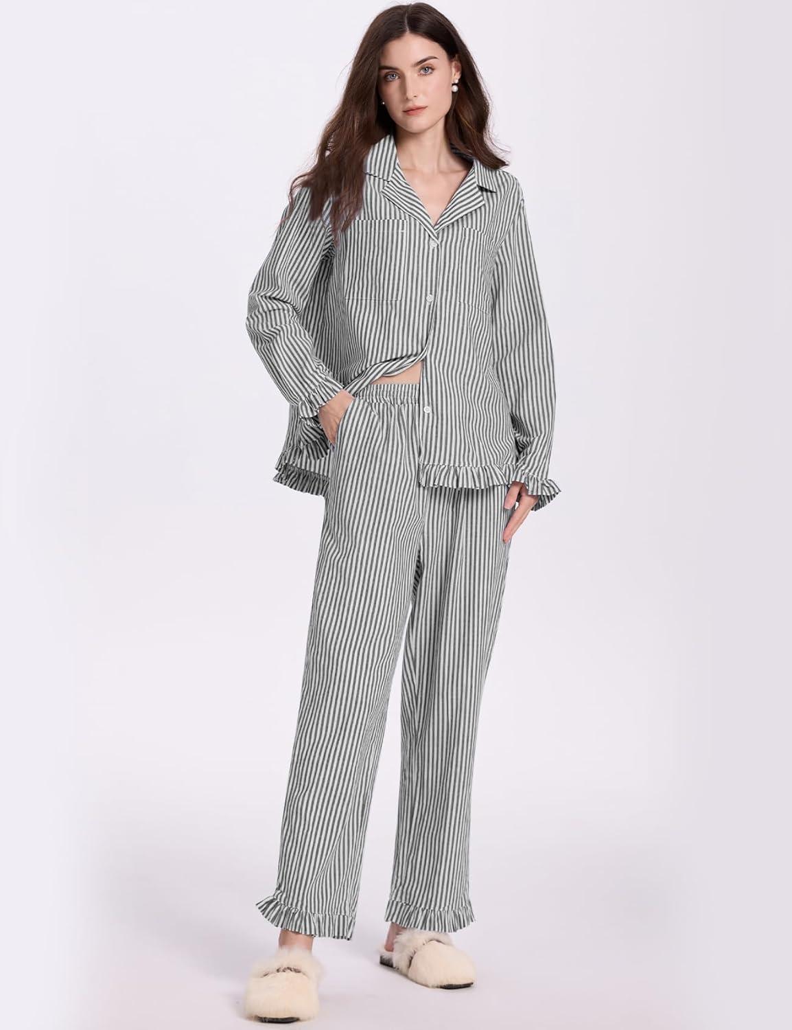 imageFlygo Womens Striped Pajama Sets 2 Piece Cotton Lounge Sets Button Down Top Straight Leg Pants with Pockets Y2K Pj SleepwearBlack